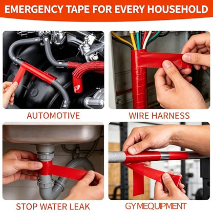Self-Fusing Silicone Tape – 1" x33' Black/Red/White + 1" x5' Black – High-Heat 500°F, Waterproof, Electrical Insulating – Emergency, Automotive, DIY Repair - color: Red