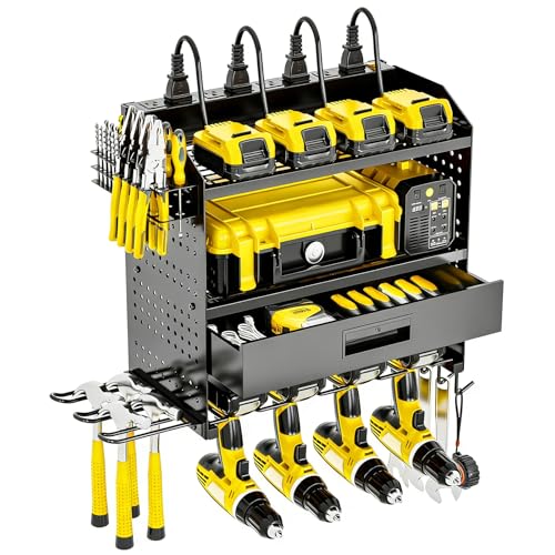 Power Tool Organizer Wall Mount Heavy Duty 130 lbs, 4 Layers Storage Rack with 6 Drill Holders & Battery Storage, Cordless Tool Organizer for Garage, Workshop & Tool Room - size: Small
