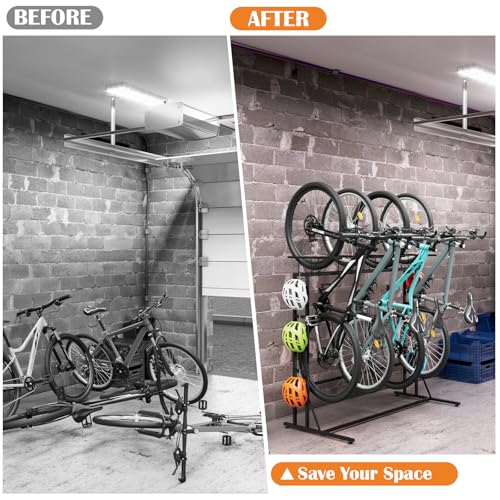 OYEAL Vertical Bike Stand, Free Standing Bike Rack Garage with 6 Hooks, Indoor/Outdoor Floor Bike Storage for 3 Adult Mountain/Road &1 Kids Bikes, Max Tire Width 2.6”, Black