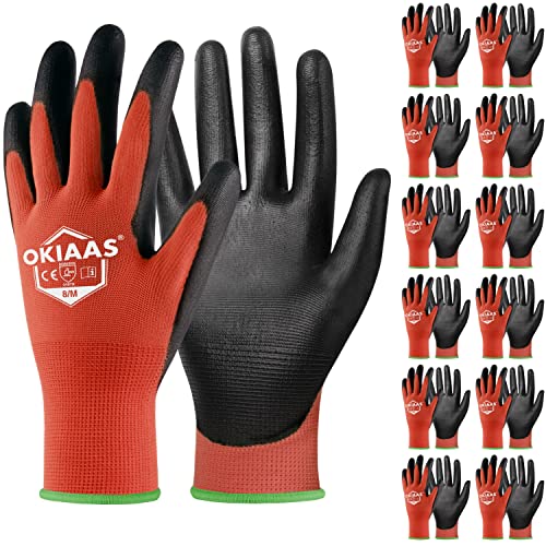 OKIAAS Men's Ultra-Thin and Lightweight Working Gloves with Grip, 12 Pairs Bulk Pack, Construction Gloves with Polyurethane Coating, Safety Gloves for Light Duty Work, Red, Medium - color: Red (12 Pairs), size: Medium