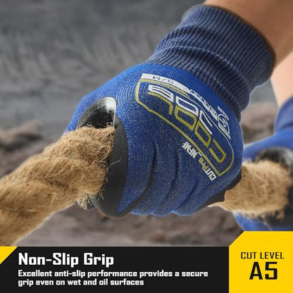 COOLJOB A5 Fiberglass Free Cut Resistant Gloves for Men, Touchscreen, Grip Nitrile Coated, No PFAS, Non Slip, Soft & Durable - color: Blue (Pack of 3), size: Large