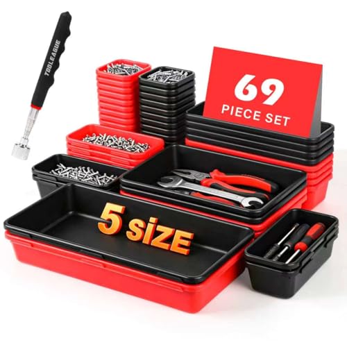 TOOLEAGUE 69Pcs & 5 Sizes Tool Box Organizer Tray Set with 15Lb Magnetic Pickup Pen,Drawer Organizer Bin, Garage Organization and Storage Workshop Rolling Tool Chest WorkBench Small Part(Black, Red) - size: 69pcs With 15lb Magnetic Pickup Pen