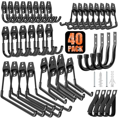 40 Pack Heavy Duty Garage Hooks,Solid Steel Wall Mount Hangers,with Anti-Slip Coating,for Hanging and Organising Ladder,Bike,Ropes,Broom,Garden,Yard and Power Tools - color: 40 Pack Black