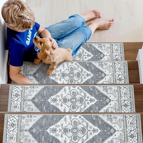 Lahome Non Slip Stair Treads Indoor 15 Pack 8" X 30" Carpet Treads for Wood Stairs, Washable Self Adhesive Stair Runners Stain Resistant Staircase Super Grippy Surface for Dogs & Seniors Dorie, Grey - color: Grey
