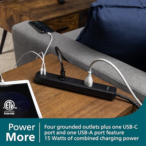 Philips 4-Outlet Surge Protector, 4ft Braided Cord, 1-USB-C, 1-USB-A, Extension Cord, Power Strip, for Home, School, or Office, 15W, 450J, Black, SPP3393B/37 - style: 4 Outlet | USB-C