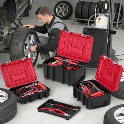 3-in-1 Rolling Tool Box with Wheels,Stackable Modular Tool Organizer System,17" Portable Waterproof Toolbox on Wheels for Garage,Mechanics and Home Repair (Red-Black)