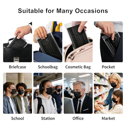 NNPCBT Black Individually Wrapped Masks 50pcs, Disposable Face Masks for Adults, 3 Ply Breathable Face Mask Black Indoor Outdoor - color: Adult-50 Pcs-ind Black