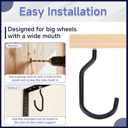 4 Pack Bike Hooks for Garage, Heavy Duty Bike Storage Hooks with M10 x 1.5 Machine Thread and Rubber Coating, Perfect Bicycle Hanging Wall Mount Hanger for Wall and Ceiling Bicycle Storage