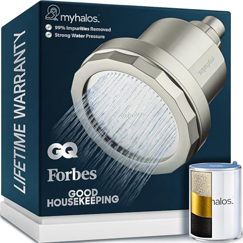 MyHalos® Filtered Shower Head for Hard Water Filter - High Pressure, Removes Chlorine - Shower Head Filter for Hard Water Softener Showerhead, Easy Install, For Hair & Skin, Filtering (Brushed Metal) - color: Brushed Metal