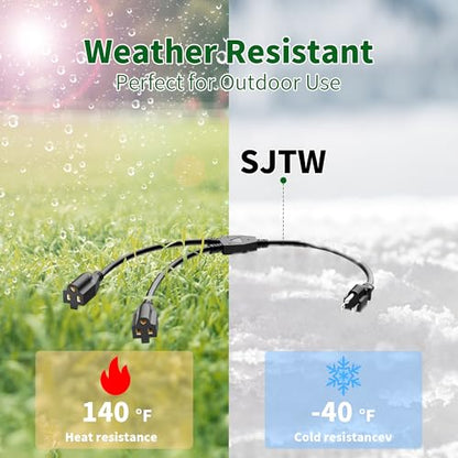 Elecan 3-Prong Y Splitter Power Extension Cord 1 FT/3 Pack, Straight Plug 1 to 2 Way Outlet Space Saver, Heavy Duty Weatherproof SJTW, 16AWG 13A, 5-15P Cable Extender for Indoor Outdoor-UL - size: 1FT-3Pack, style: Straight Plug