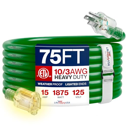 75ft Outdoor/Indoor Extension Cord 10/3 Gauge Ultra Heavy Duty 3 Prong SJTW, Waterproof, ETL Listed, Flexible Cold-Resistant Long Power Cord,15A 125V 1875W, Green by LifeSupplyUSA - color: Green, size: 75 FT, style: 10 Gauge (ULTRA HEAVY DUTY)