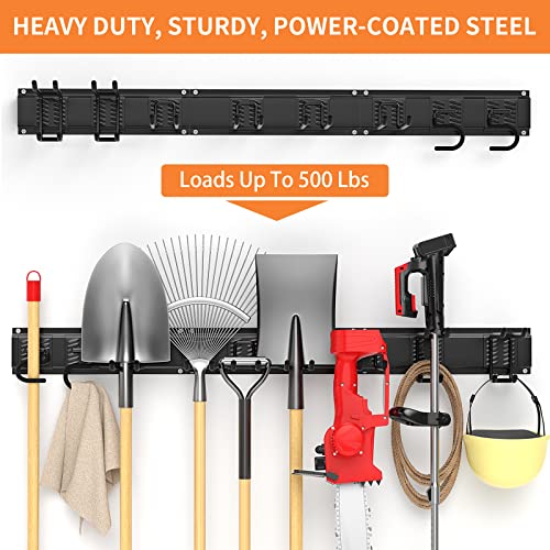 Garage Tool Organizer Wall Mount Garden Tool Organizer 11pcs Adjustable Garage Organizers with 8 Heavy Duty Hooks, Max Load 500lbs Garage Storage for Yard Garden Tools, Shovels, Trimmers, Hoses - size: 48 Inch 1.0