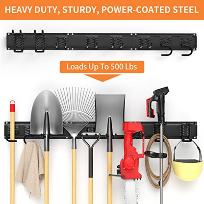 Garage Tool Organizer Wall Mount Garden Tool Organizer 11pcs Adjustable Garage Organizers with 8 Heavy Duty Hooks, Max Load 500lbs Garage Storage for Yard Garden Tools, Shovels, Trimmers, Hoses - size: 48 Inch 1.0