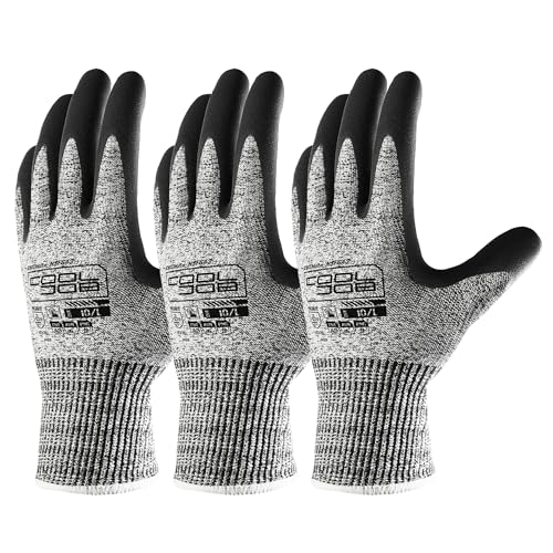 COOLJOB A3 Cut Resistant Safety Work Gloves with Nitrile Grip, Touchscreen & Flexible for Gardening Fishing Construction - color: A3 Grey (Pack of 3), size: Medium