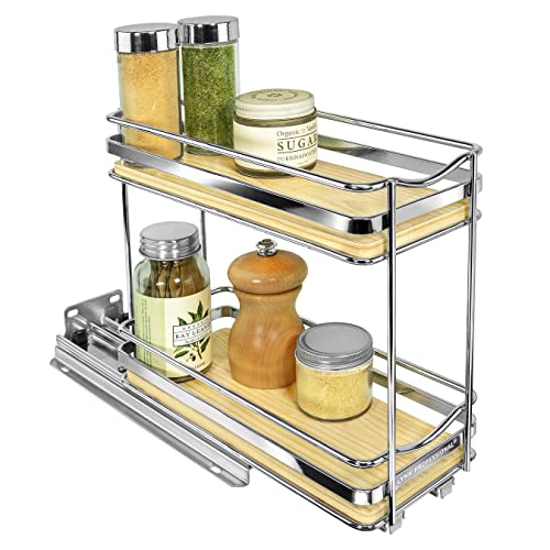LYNK PROFESSIONAL® Élite™ Pull Out Spice Organization for Cabinets - 4-3/8 inch Wide – Spice Rack for Inside Cabinets – Wood/Chrome - Sliding Spice Rack Organizer for cabinet – Spice Rack - 2 Tier - color: Wood, size: 4-1/4" - 2 Tier