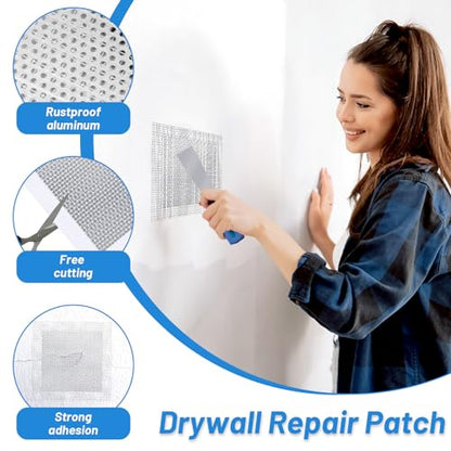 12 PCS 4/6/8 Inch Wall Repair Patch Kit, Aluminum Mesh Dry Wall Hole Repair Patch with Scraper Sandpapers Gloves Heavy Duty Wall Repair for Large Holes Quick Fixes - color: 12 PCS 4/6/8inch Wall Repair Patch Kit