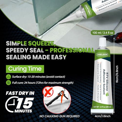 SHIELDOM RTV Silicone Adhesive Sealant 100% Silicone Sealer All-Purpose Caulk Waterproof Stronger Adhesion, Shrink & Crack Proof Caulking for Car, Kitchen, Window, Bathroom, Door (Clear, 3.4 Fl. Oz.) - color: Clear