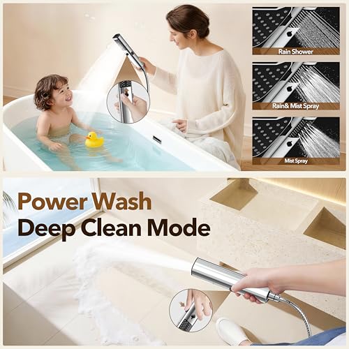 JDO High Pressure Rain Shower Head with Handheld Spray, 7 Modes Dual Shower Head Combo, 12 Inch Rainfall Showerhead Detachable, Power Wash for Bathroom Cleaning