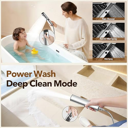 JDO High Pressure Rain Shower Head with Handheld Spray, 7 Modes Dual Shower Head Combo, 12 Inch Rainfall Showerhead Detachable, Power Wash for Bathroom Cleaning