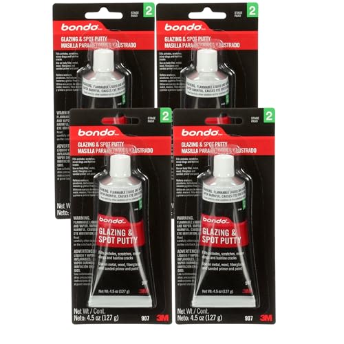 3M Bondo Glazing and Spot Putty 4 Pack (4 x 4.5 oz Tubes = 18 oz Total) Nitrocellulose red auto Body Glazing Putty for pinhole, Scratch and Small dent Repair on Metal, Fiberglass and Wood - size: 4 Pack