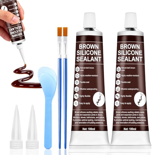 2 PCS Brown Caulk, 100% Waterproof Brown Silicone Caulk for Bathroom Shower Kitchen Tile Floor Sealing, Stronger Adhesion, Shrink & Crack Proof, with a Scraper for Applying Evenly, 100mlx2 - style: Brown