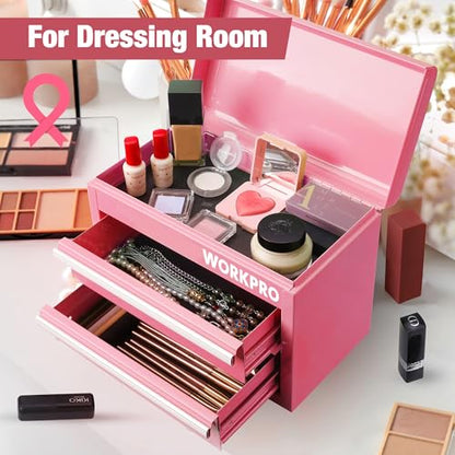 WORKPRO Mini Metal Tool Box with 2 Drawers and Top Storage, Small Tool Chest with PVC Liners and PP Feet Pads, Cold Rolled Steel Toolbox with Magnetic Tab - Pink Ribbon - color: Pink