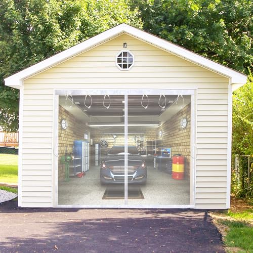 Patio Screen Door 9x7FT White Magnetic Closure - 9x7 Garage Door Screen, Durable Fiberglass Mesh for Garage, Balcony, or Porch, Blocks Bugs & Provides Privacy in Spring Summer, Easy Install - color: White, size: 9x7ft