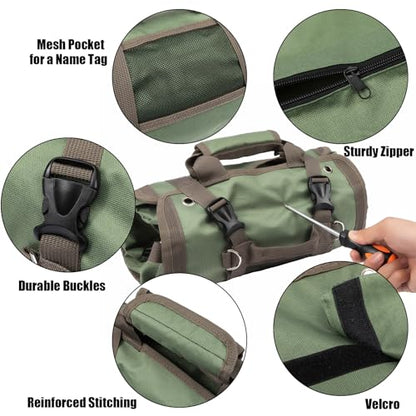 Portable Roll up Tool Bag, Heavy Duty Tool Organizer Bag with 5 Compartments & 2 Detachable Pouches for Tool Storage, Water Resistant Foldable Tool Roll Bag for Dad Men Electrician Mechanic Gift