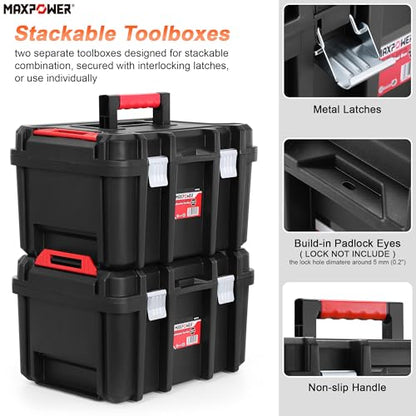 MAXPOWER 16 inch Plastic Tool Box, Black Deep Toolbox with Metal Latches and Removable Tray, Pack of 1 - style: 16" black