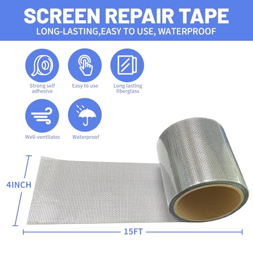 Fiberglass Window Repair Tape 4in X 15FT, Waterproof Screen Repair Kit for Mesh Screens, Instantly Covers Holes and Tears (Gray)