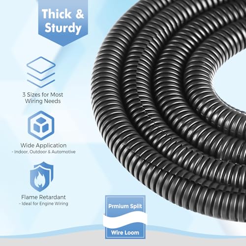 Automotive Wire Loom Flame Retardant Split Wire Loom Tubing Assortment Wiring Loom Kit Plastic Cover Electrical Covering Conduit Protective Wire Wrap Cable Sleeves Black 1/4", 1/2", 3/8" x 120 Ft - size: 1/4, 1/2, 3/8 Inch-120ft