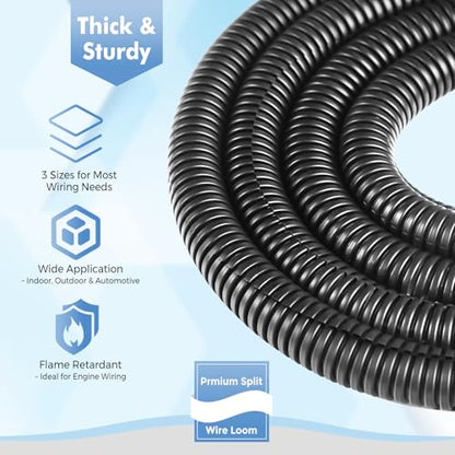 Automotive Wire Loom Flame Retardant Split Wire Loom Tubing Assortment Wiring Loom Kit Plastic Cover Electrical Covering Conduit Protective Wire Wrap Cable Sleeves Black 1/4", 1/2", 3/8" x 120 Ft - size: 1/4, 1/2, 3/8 Inch-120ft