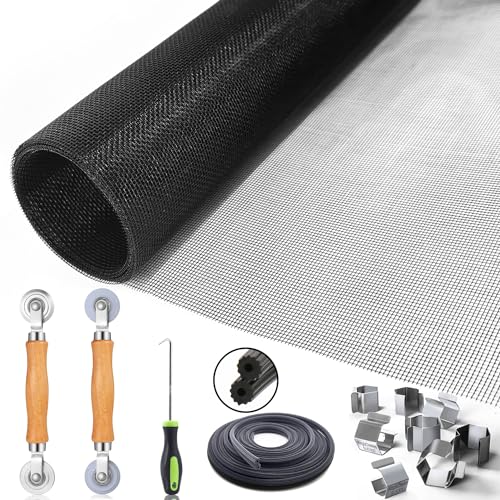 King&Charles Window Screen Door Repair/Replacement Kit, Include Black Screen Mesh 48"x118"+ 2 Roller+50Ft Spline+8Clips+Hook, 6 in 1 Window Mesh Kit, Steel/Nylon Bearing Roller - color: Black, size: 48"×118" Kit