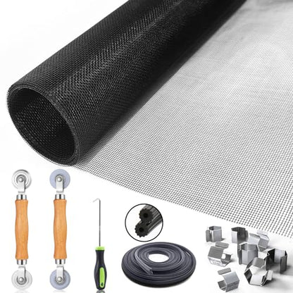 King&Charles Window Screen Door Repair/Replacement Kit, Include Black Screen Mesh 48"x118"+ 2 Roller+50Ft Spline+8Clips+Hook, 6 in 1 Window Mesh Kit, Steel/Nylon Bearing Roller - color: Black, size: 48"×118" Kit
