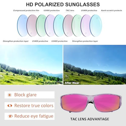 MEETSUN Fit Over Glasses Sunglasses for Men Women,Wrap Around Sunglasses Polarized UV400 Protection - color: (Z1)-clear Purple-purple Pink Mirror Lems