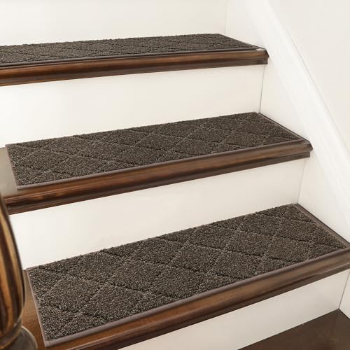 COSY HOMEER Edging Stair Treads Non-Slip Carpet Mat 28inX9in Indoor Stair Runners for Wooden Steps, Edging Stair Rugs for Kids and Dogs, 100% Polyester TPE Backing (7pc, Brown) - color: Brown, size: 28 X 9 Inches (7 Pieces)