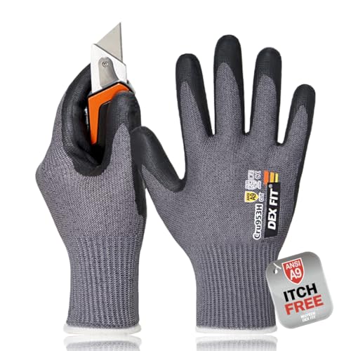 DEX FIT Cru953H Level A9 Cut Resistant Gloves, Fiberglass-Free, Power Grip Foam Nitrile, 3D Comfort Fit, Touchscreen, 13-Gauge for Sheet Metal, Stamping, Glass, Recycling; Gray L (9) 1 Pair - color: A9 Gray, size: Large