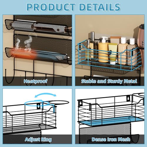 VITVITI Metal Hair Tool Organizer Wall Mount, Hair Dryer Holder with 4 Tier Shelf Basket Hooks, Bathroom Styling Tool Organizer for Curling Iron/Blow Dryer/Straightener, Matte Black - color: 5 Tiers Black