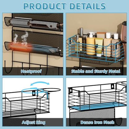 VITVITI Metal Hair Tool Organizer Wall Mount, Hair Dryer Holder with 4 Tier Shelf Basket Hooks, Bathroom Styling Tool Organizer for Curling Iron/Blow Dryer/Straightener, Matte Black - color: 5 Tiers Black