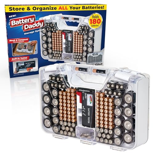 Battery Daddy Storage & Organizer Case with Tester, Stores & Protects Up to 180 Batteries, Double-Sided, Clear Locking Lid, Secure Latches & Portable Carrying Handle - White (Batteries Not Included) - color: White