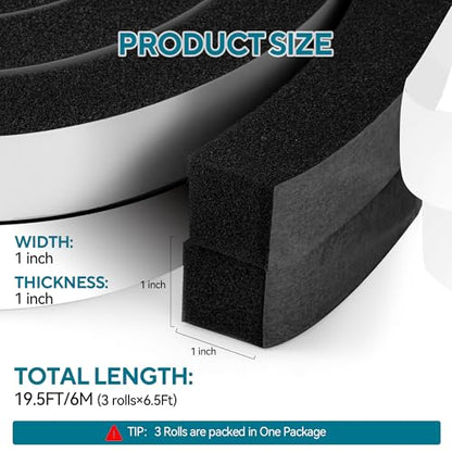 3 Rolls Air Conditioner Window Seal,High-Density Window Foam,1" W x 1" T, Strong Adhesion Foam Tape for Doors, Windows & AC Units, Soundproof & Energy Saving, Black (Total 19.5 FT) - color: Black-19.5FT