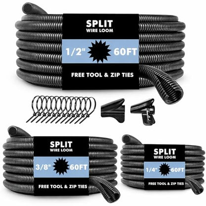 Automotive Wire Loom Flame Retardant Split Wire Loom Tubing Assortment Wiring Loom Kit Plastic Cover Electrical Covering Conduit Protective Wire Wrap Cable Sleeves Black 1/4", 1/2", 3/8" x 60 Ft - size: 1/4, 1/2, 3/8 Inch-60ft