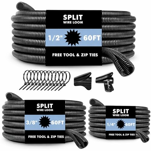 Automotive Wire Loom Flame Retardant Split Wire Loom Tubing Assortment Wiring Loom Kit Plastic Cover Electrical Covering Conduit Protective Wire Wrap Cable Sleeves Black 1/4", 1/2", 3/8" x 60 Ft - size: 1/4, 1/2, 3/8 Inch-60ft