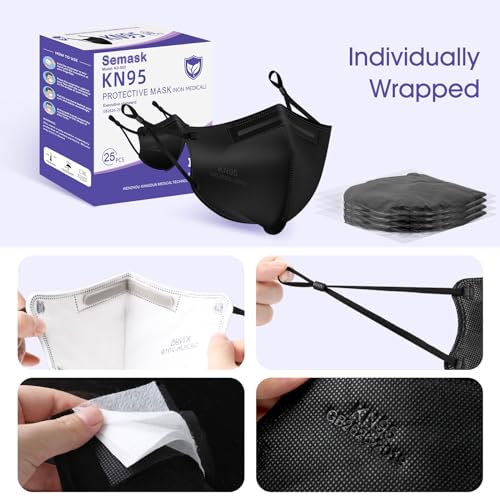 KN95 Adjustable Masks 25 Pack, Individually Wrapped Disposable Masks with Adjustable Ear Loops - color: Black