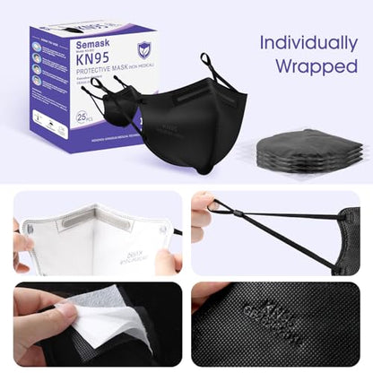 KN95 Adjustable Masks 25 Pack, Individually Wrapped Disposable Masks with Adjustable Ear Loops - color: Black