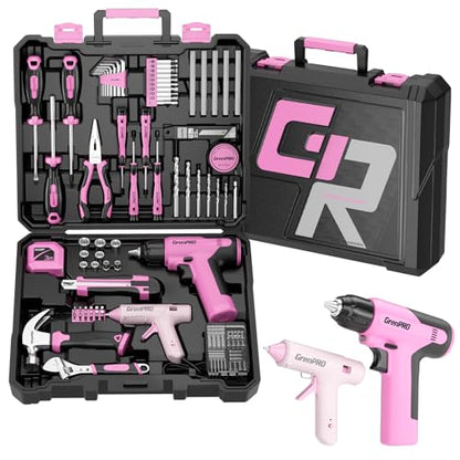 GRENPRO Pink Tool Set Drill Set, 188PCS Tool Kit For Home with Pink Cordless Drill Power, Hand Tool Kit for Women, Basic Household Auto Car Repair Tool Box for Men, Portable Storage Box Tools Sets - style: Pink Power Drill Set 188PC