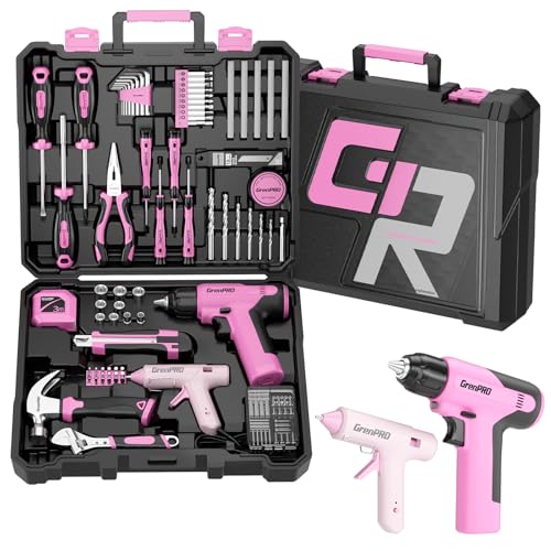 GRENPRO Pink Tool Set Drill Set, 188PCS Tool Kit For Home with Pink Cordless Drill Power, Hand Tool Kit for Women, Basic Household Auto Car Repair Tool Box for Men, Portable Storage Box Tools Sets - style: Pink Power Drill Set 188PC
