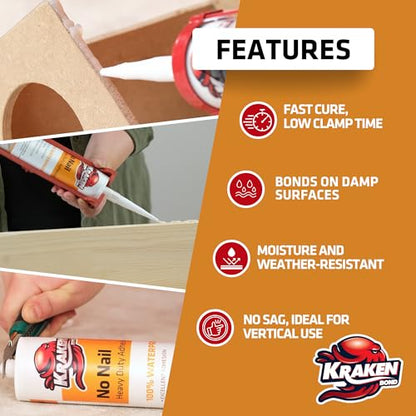Kraken Bond No More Nails Heavy Duty Clear Adhesive - (1x10.1 Fl Oz) 100% Waterproof & Extra Strong Polyurethane Construction Sealant for Wood, Ceramic, Tile, Floor, Granite, Rubber - 1 Pack - size: 1 Pack, style: No More Nails Heavy Duty Adhesive