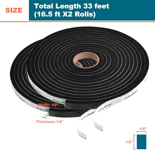 Weather Stripping Door Seal - Adhesive Foam Tape Soundproof Weatherstripping for Windows,1/2 Inch Wide X 1/4 Inch Thick,2 Rolls Total 33FT Black,High Density (1/2In x 1/4In x 33Ft) - size: 1/2In x 1/4In x 33Ft