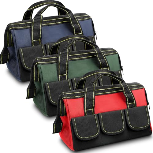 Sanwuta 3 Pack Tool Bag for Men with Waterproof Hard Bottom, Heavy Duty Tool Bag Wide Mouth Tote for Various Instrument, Electrician Carpenter Mechanic(Red, Army Green, Blue,16 Inch,Classic) - color: Red, Army Green, Blue, size: 16 Inch, style: Classic